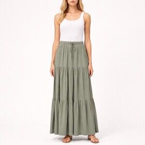 Splendid x Mary Lawless Lee Womens Tiered Maxi Skirt Size Medium Sage Green